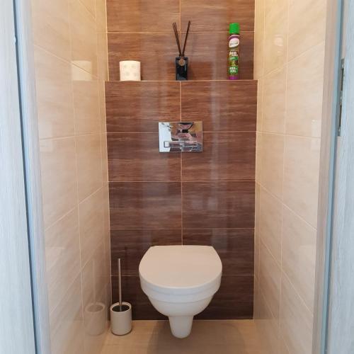 a bathroom with a toilet with wooden walls at Sunny Boat Apartment in Łódź