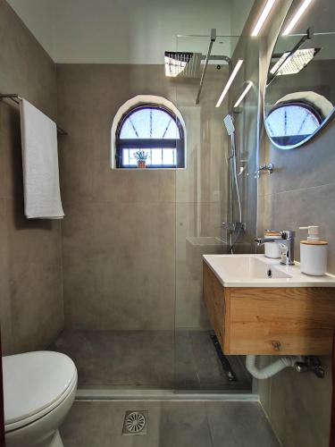 a bathroom with a toilet and a sink and a shower at Tony's Garden House in Lefkimmi