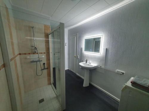 une salle de bain avec douche et lavabo dans l'établissement Les Pivoines, à Mont-sous-Vaudrey