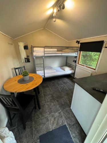a small room with a table and a bunk bed at Hyltena Stugby in Jönköping