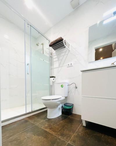a bathroom with a toilet and a shower at Camp Nou Nueva Casa in El Arrabal