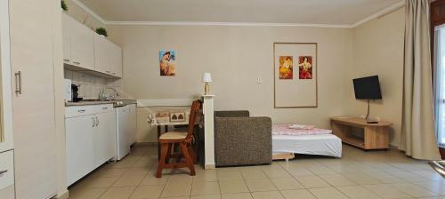 a living room with a kitchen and a dining room at Aurora Ház in Zalakaros