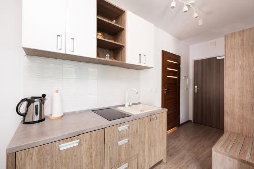 a kitchen with a sink and a counter top at Baltic Apartments in Pobierowo