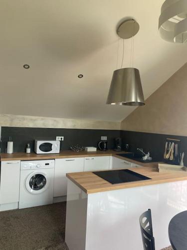 a kitchen with a counter and a washer and dryer at appartement la fleur d'abeille avec une belle vue et spa in Gérardmer