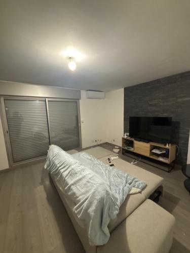 un salon avec un lit et une télévision à écran plat dans l'établissement La ruche de st jerome, à Marseille
