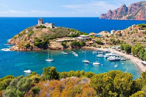 une petite île avec des bateaux dans l'eau dans l'établissement Parc Résidentiel la Listra - Maeva, à Belgodère