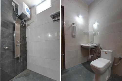 two pictures of a bathroom with a toilet and a sink at Golden Hill Resort in Santaveri