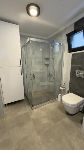 a bathroom with a shower and a toilet at Villa Akasya with private pool in Bogazici