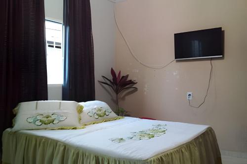 a bedroom with a bed with a television on the wall at Apto n.08 baixo custo beneficio in Águas Claras