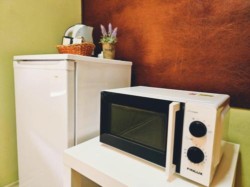 un forno a microonde seduto sopra un frigorifero di Semiramida Central Studio a Varna
