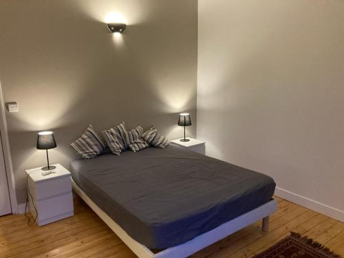 a bedroom with a bed with two night stands and two lamps at Les jardins de Beauverger in Le Mans