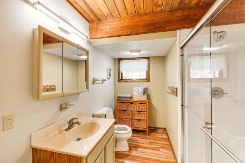 een badkamer met een wastafel, een toilet en een douche bij Modern Black Hills Cabin with Loft and Wraparound Deck in Rapid City