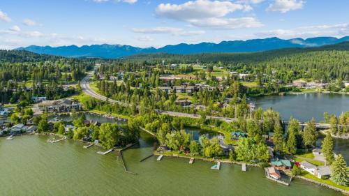an aerial view of a resort on a lake at Swan Lake House in Bigfork