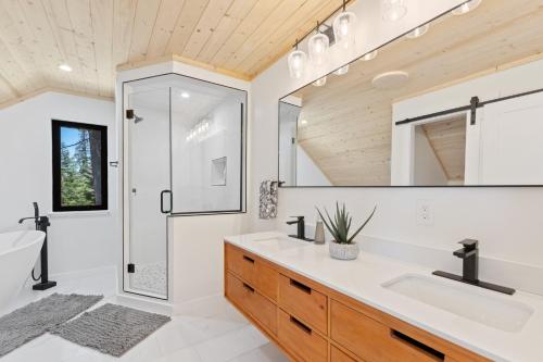 een badkamer met een wastafel en een douche bij Wilderness Retreat in Creston