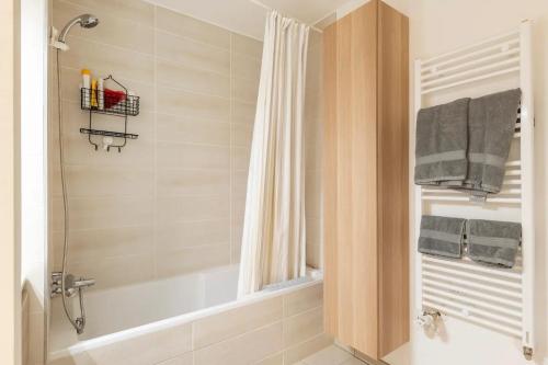 une salle de bain avec baignoire et douche avec serviettes dans l'établissement Cozy and charming centrally located apartment, à Lyon