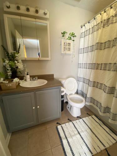 ein Bad mit einem Waschbecken und einem WC in der Unterkunft B1 Guest House in Hope Mills
