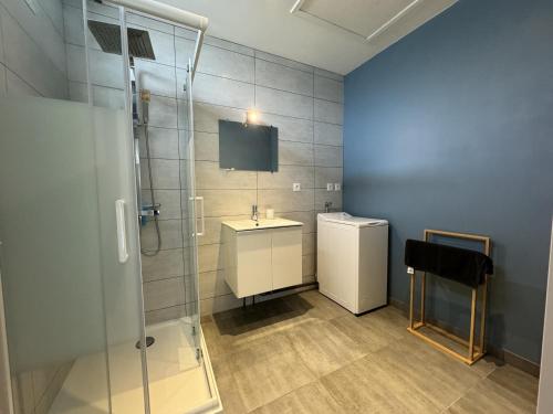 a bathroom with a shower and a sink at Maison des tourelles - 6pers - WiFi - Rêve au Mans in Arnage