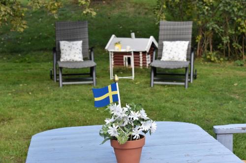 a table with a pot of flowers and a flag on it at Hus Vena in Vena