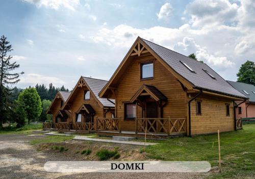 ein Blockhaus mit einem Gameradach in der Unterkunft Michałówka Pokoje i Domki in Karłów