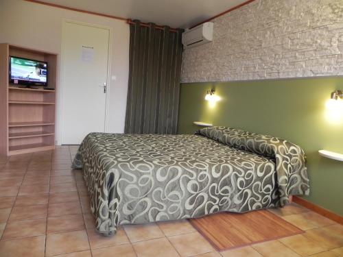 a hotel room with a bed and a television at Hotel Les Pins in Hourtin