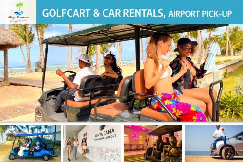 a collage of photos with people riding in a golf cart and car rentals at Playa Palmera Beach Resort in Punta Cana