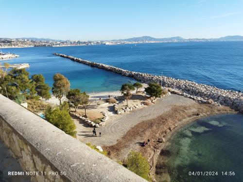 a view of a beach and the ocean with a pier at Gîte rénové Calanque La Vesse in Le Rove
