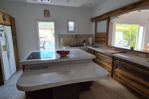 une grande cuisine avec un comptoir et un évier dans l'établissement Les glycines-piscine à débordement, à Rians