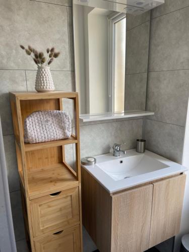 une salle de bain avec un lavabo et un miroir dans l'établissement Ker Levenez - Maison en Pierre Perros-Guirec, à Perros-Guirec