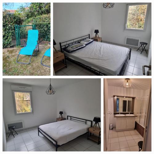 trois photos d'une chambre avec un lit et une chaise dans l'établissement T3 au calme jardin piscine jusqu à 7 personnes, à Argelès-sur-Mer