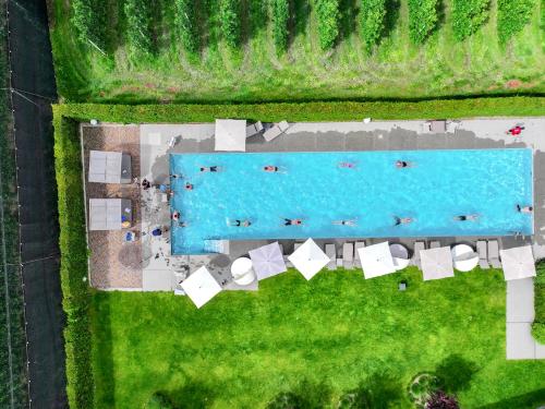an overhead view of a swimming pool with white loungers at Residence & Sportlodges Claudia in Plaus
