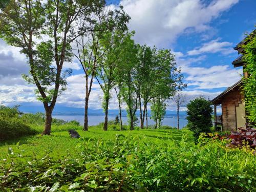 a house in a field with trees in the background at Appartement-Chalet avec Terrasse - Vue Lac in Lugrin