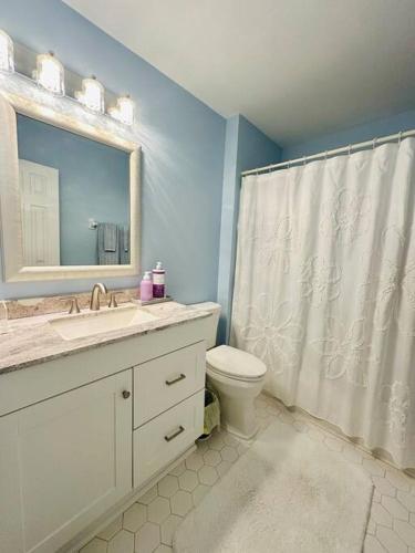 a bathroom with a sink and a toilet and a mirror at Welcome to Your Coastal Retreat in Kitty Hawk,NC in Kitty Hawk