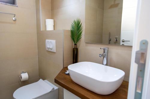 a bathroom with a sink and a toilet at Kiteriders Garden Villas in Ulcinj