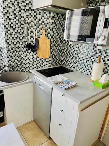 une cuisine avec un évier et une cuisinière four supérieur dans l'établissement Studio Hyper Centre - Idéal pour vos vacances ou voyage d'affaires, à Cannes