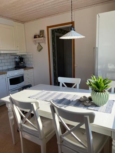 a kitchen with a white table with a plant on it at Eget hus i Vittjärv in Boden