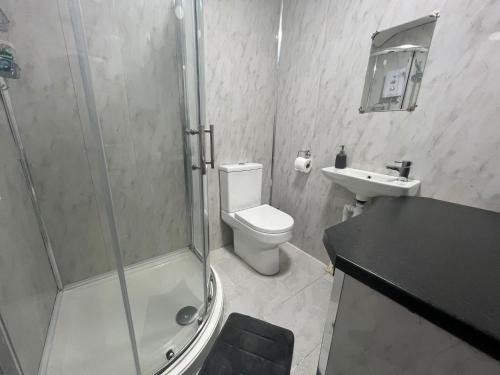 ein Bad mit einer Dusche, einem WC und einem Waschbecken in der Unterkunft Premium Studio Apartment In Birmingham in Birmingham