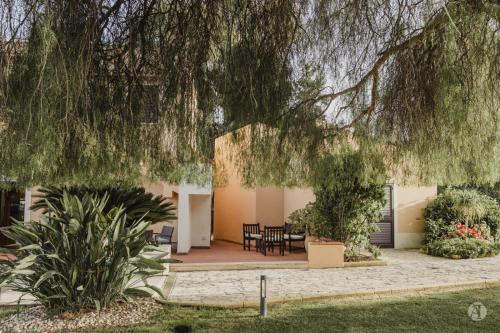um pátio debaixo de uma árvore com uma mesa e cadeiras em B&B Villa Seta em Agrigento
