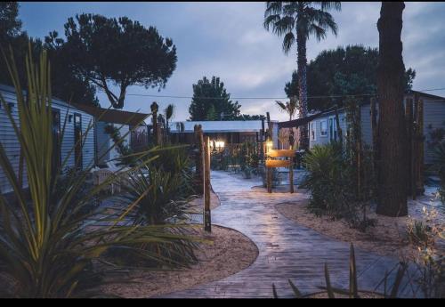 a garden with palm trees and plants on a walkway at Mobil home les sables d'or in Cap d'Agde