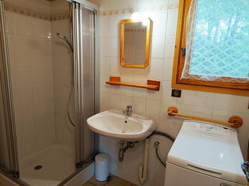 une petite salle de bain avec un lavabo et une douche dans l'établissement Le Mazot des Tacounets, à Saint-Gervais-les-Bains