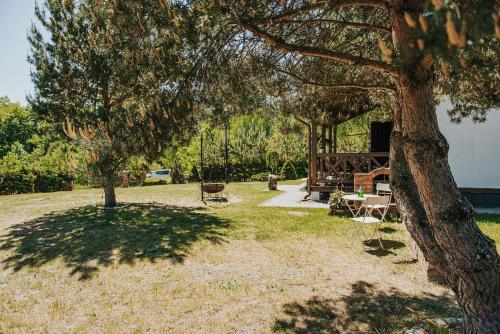 a yard with a tree and chairs and a house at Rajski Domek nad Jeziorem Radacz in Borne Sulinowo