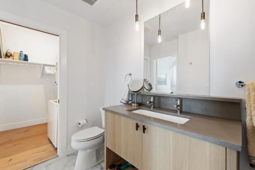 a bathroom with a toilet and a sink and a mirror at Alpenglow Retreat in Whitefish