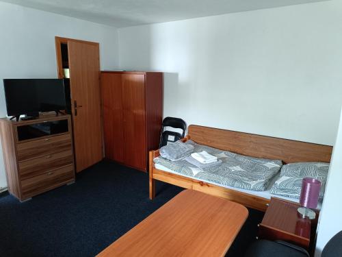 Dormitorio pequeño con cama y TV en Ubytovanie Hrabiny en Sučany