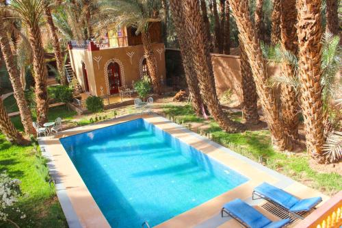 an overhead view of a swimming pool with palm trees at Riad Soleil du Monde in Zagora