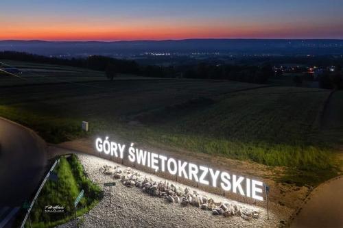 an overhead view of a sign in a field with sheep at Gold Glass Jacuzzi Sauna Rynek-Parking in Kielce