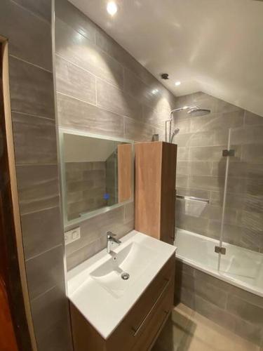 une salle de bain avec un lavabo blanc et une douche dans l'établissement Maison de famille en centre-ville, à Meaux