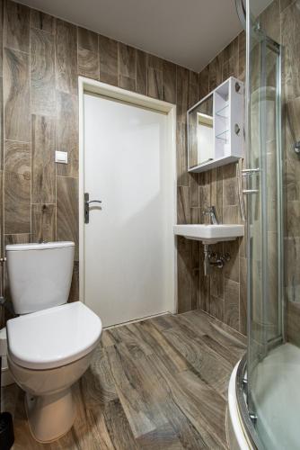 a bathroom with a toilet and a sink and a shower at Chillgarden Apartments in Trenčín