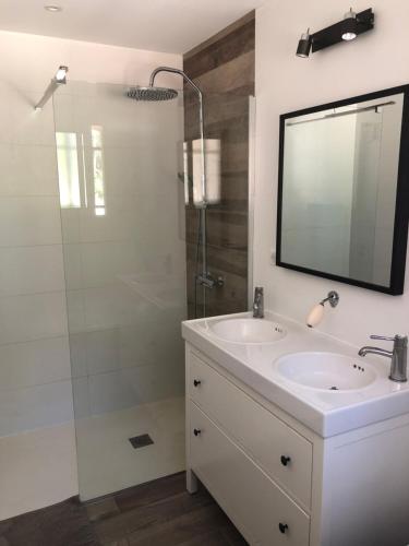 une salle de bain avec un lavabo et une douche en verre dans l'établissement Villa au grand chêne, à Saint-Raphaël