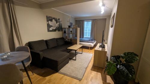un soggiorno con divano e tavolo di Sjarmerende og sentral hybel med egen Inngang a Oslo