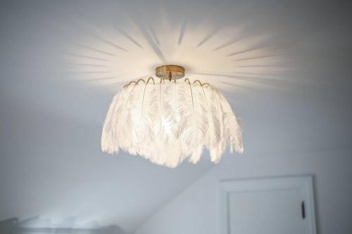 a ceiling light withumedumed feathers on a ceiling at The Perfect Pass-HOF Village Escape in Canton
