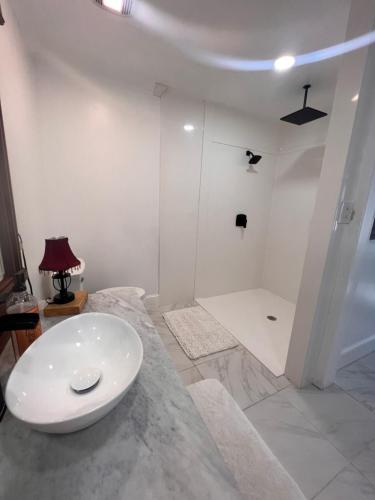 a white bathroom with a sink and a shower at The Savannah Suite in Winona